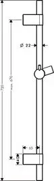Hansgrohe Brausestange in Chrom mit zwei Halterungen und einem verstellbaren Element. Maße und Details sind im technischen Zeichnungsstil dargestellt.